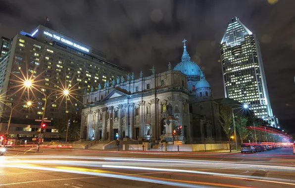 Night, lights, home, Canada, Cathedral, Montreal