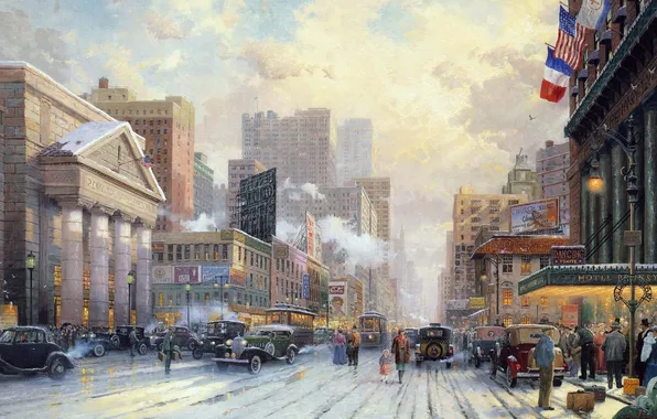 Picture winter, auto, figure, building, New York, 20th century