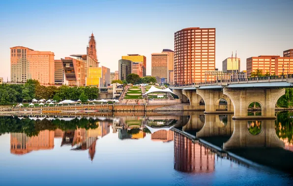 Water, reflection, home, USA, promenade, Connecticut, Hartford, river.bridge