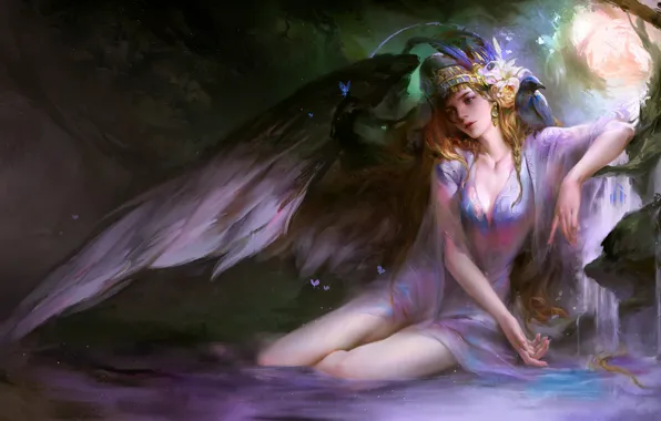Picture girl, wings, angel, fantasy, sitting