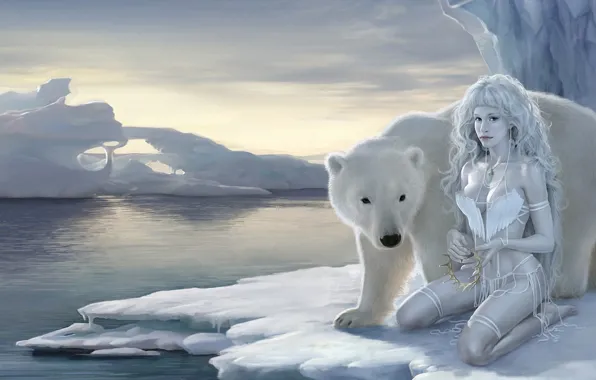 Girl, snow, fantasy, bear, ice, white bear