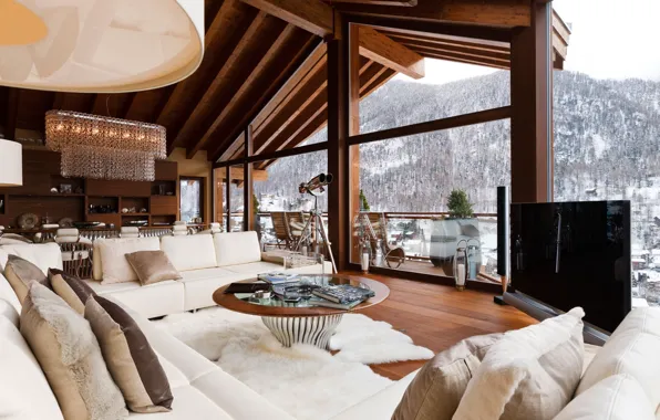 Mountains, sofa, view, interior, fur