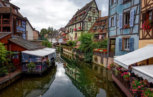 Picture the sky, flowers, France, home, channel, cafe, Colmar, Fachwerk