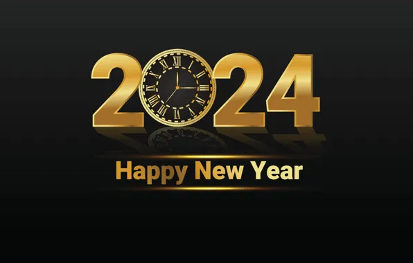 Reflection, the inscription, watch, figures, New year, dial, black background, gold