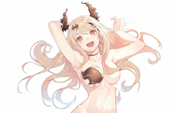 Girl, smile, laughter, white background, Shingeki no Bahamut