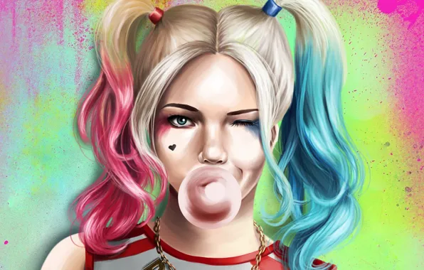 Picture look, face, art, tails, gum, Harley Quinn, Suicide Squad