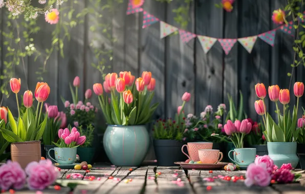 Flowers, holiday, bouquet, spring, tulips, March 8, AI art, universal holiday background