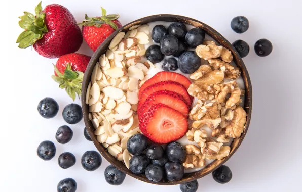 Berries, Breakfast, nuts, yogurt, oatmeal