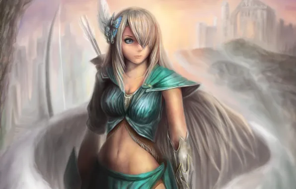 Look, girl, castle, pen, wings, bow, art, arrows