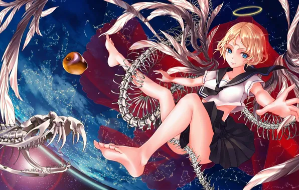The sky, girl, stars, clouds, sunset, Apple, wings, anime