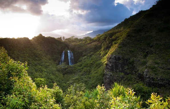 Greens, forest, mountains, clouds, rocks, waterfall, Hawaii, Opaekaa Falls