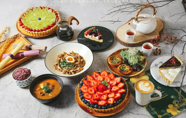 Berries, tea, coffee, soup, cake, figure, vegetables, meals