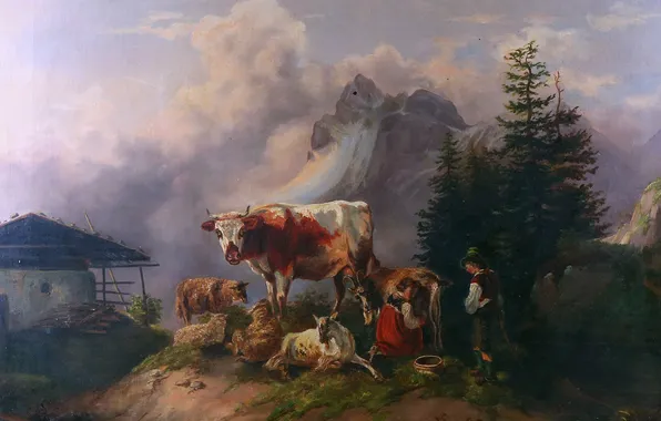 Mountains, Trees, People, Picture, Sheep, Cow, Goats, Austrian artist