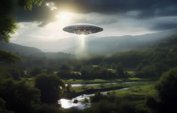 Nature, fiction, UFO, aliens, aliens, flying saucer, the alien ship, AI art