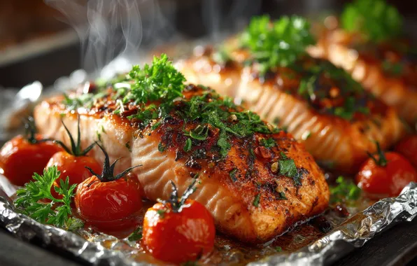 Greens, fish, couples, pieces, tomatoes, tomatoes, foil, dish