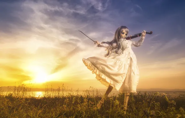 Picture sunset, violin, doll