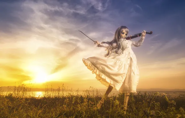 Sunset, violin, doll