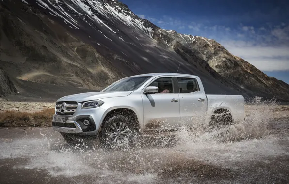 Picture water, mountains, squirt, grey, Mercedes-Benz, silver, pickup, 2017