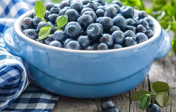 Blueberries, bowl, leaves, leaves, napkin, blueberries, bowl, fresh berries
