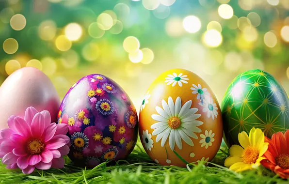 Flowers, eggs, spring, colorful, Easter, happy, flowers, spring
