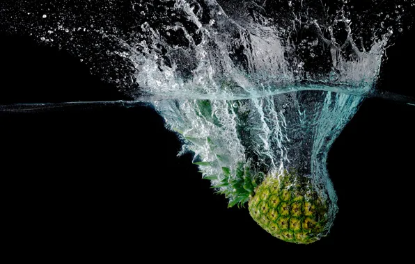 Picture water, macro, squirt, fruit, pineapple, black background