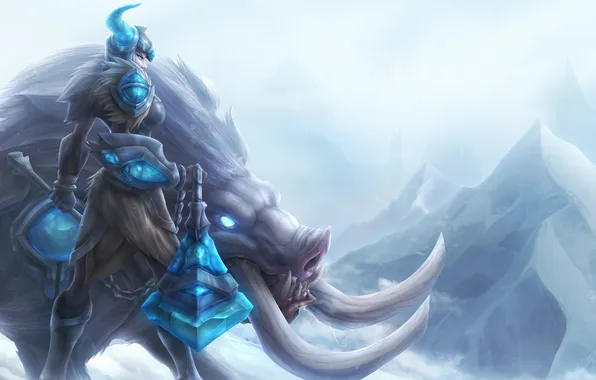 Picture girl, snow, mountains, weapons, anger, boar, art, league of Legends