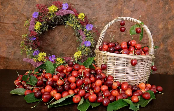 Leaves, flowers, berries, still life, basket, wreath, cherry
