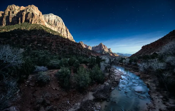 Picture sky, night, mountain, stars, zion national park, zion, virgin river