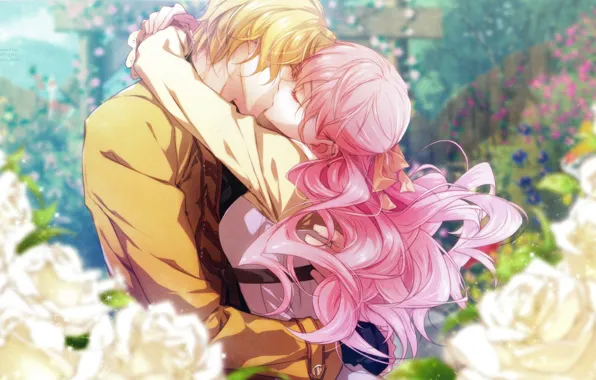Romance, kiss, hugs, pink hair, wand of fortune, lulu, visual novel, in the garden
