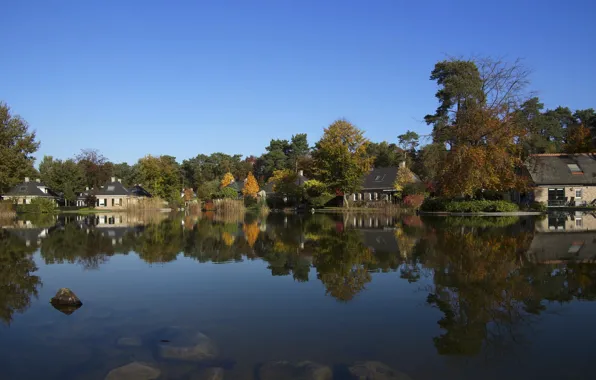 Pond, houses, Netherlands, Holland, Ruurlo