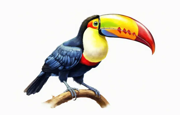 Look, pose, bird, branch, white background, painting, Toucan, imitation painting