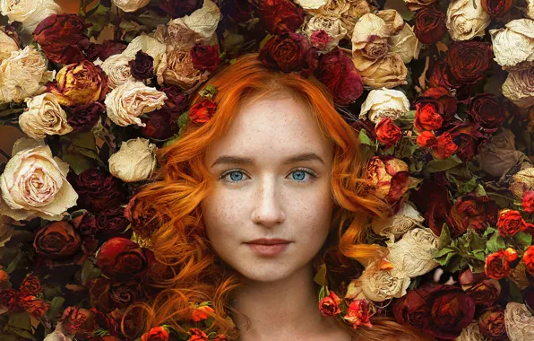 Picture look, girl, flowers, face, mood, hair, roses, freckles