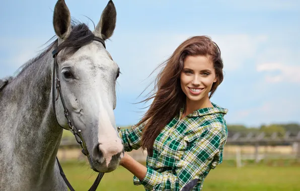 Field, the sky, grass, the sun, smile, horse, makeup, hairstyle