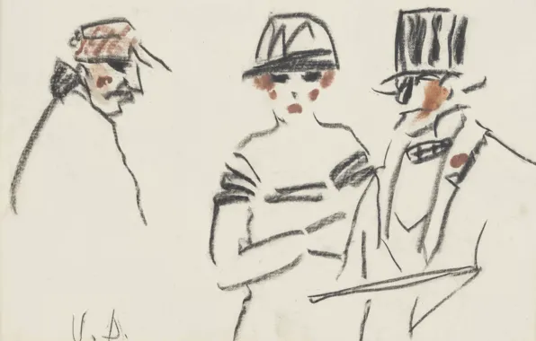 Picture paper, pastel, coal, cylinder hat, Kees van Dongen, Three characters