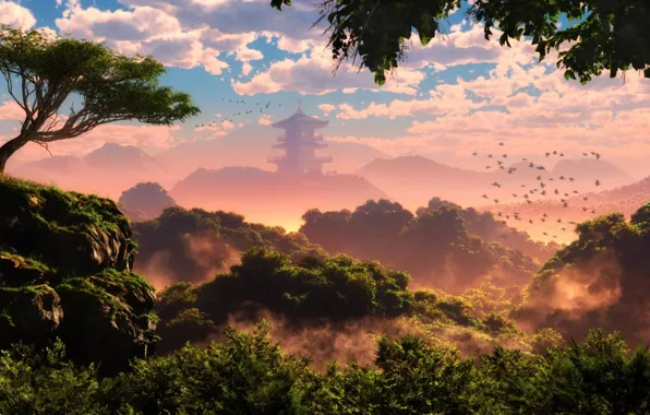 Forest, the sky, trees, mountains, birds, tower, traveler, pilgrimage