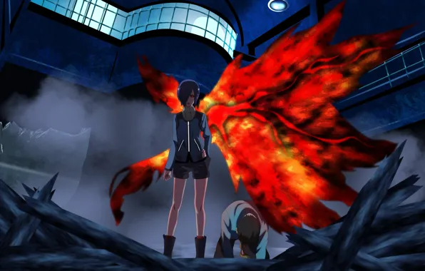 Girl, blood, game, monster, anime, wings, red eyes, pretty