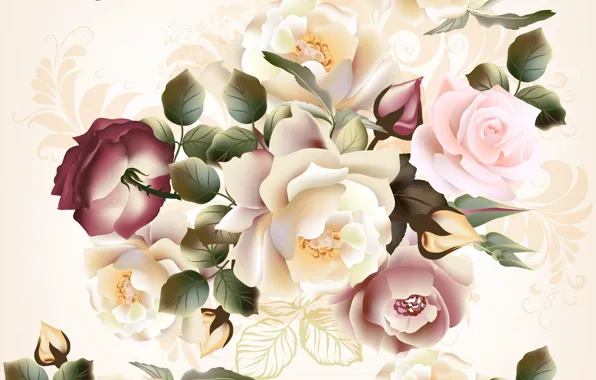 Picture flowers, flowers, pattern, roses, beige background, seamless