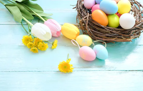 Flowers, basket, eggs, spring, colorful, Easter, tulips, wood