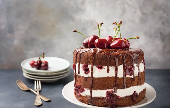 Cherry, berries, table, plate, pie, cherry, cake, layers