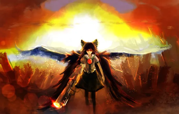 Picture girl, the sun, sunset, weapons, wings, art, bow, reiu equipment, utsuho
