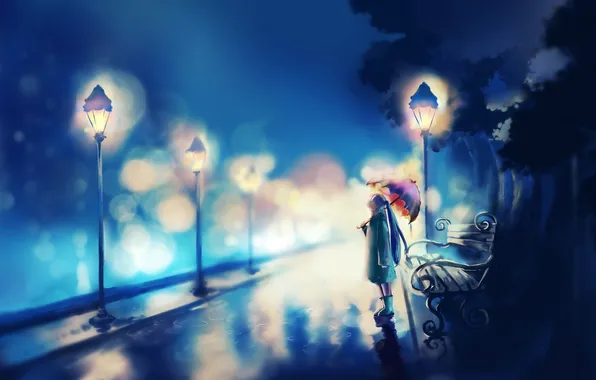 Girl, night, umbrella, rain, anime, art, shop, lights