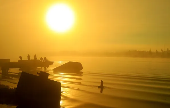 The sky, the sun, sunset, fog, river, people, fishermen