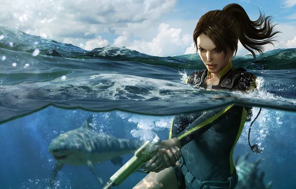 Picture girl, weapons, the ocean, shark, lara croft, Tomb Raider: Underworld