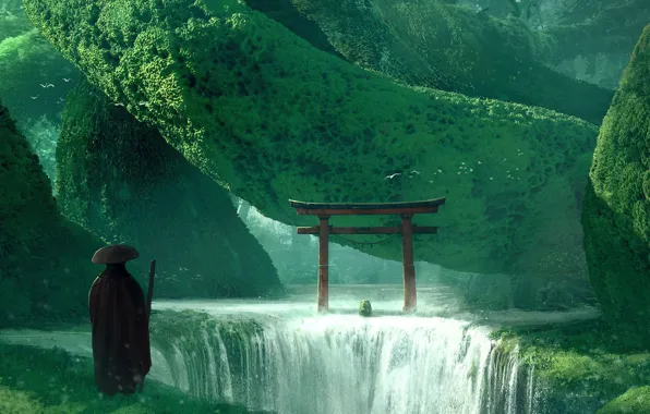 Waterfall, People, Asia, Art, Art, Fiction, Fiction, Waterfall