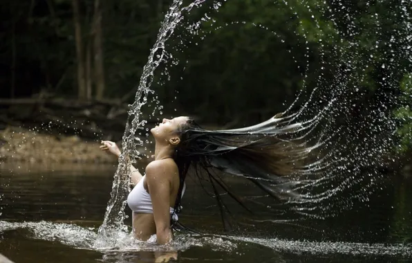 Water, girl, lake, brunette, bathed