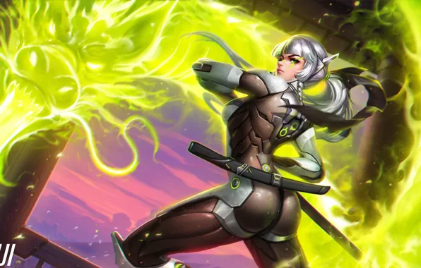 Ass, girl, sword, costume, ass, ninja, fan art, Overwatch