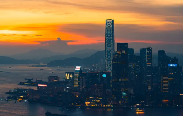 The sky, landscape, sunset, mountains, the city, shore, home, Bay