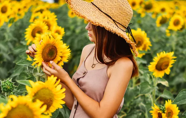 Summer, girl, sunflowers, flowers, nature, pose, mood, hat