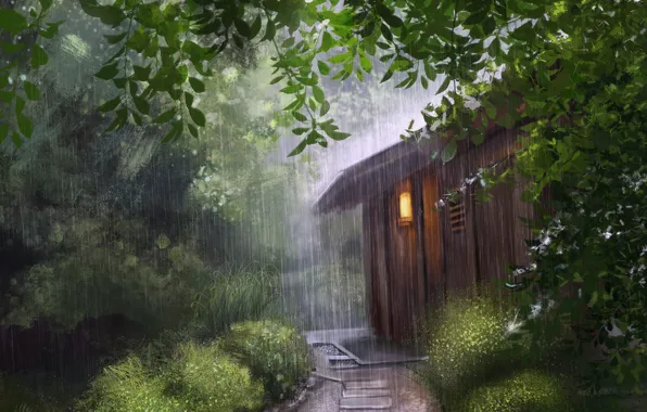 Picture summer, light, rain, foliage, the barn, path, the bushes, art