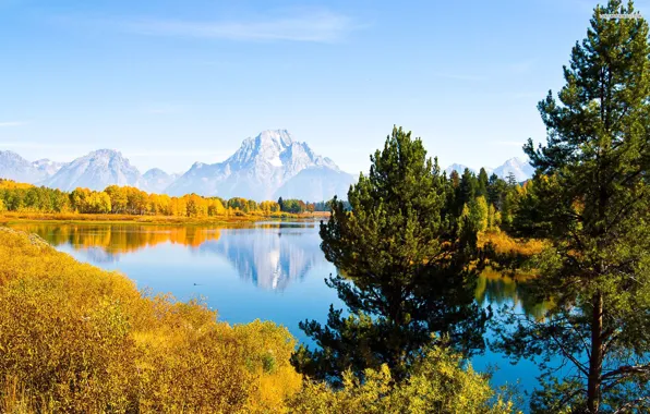 Picture autumn, forest, the sky, mountains, lake